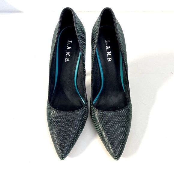 L.A.M.B. Bee Pump Perforated Mesh Leather Black Green Point Toe Slim Heel Sz 9 - Picture 4 of 13